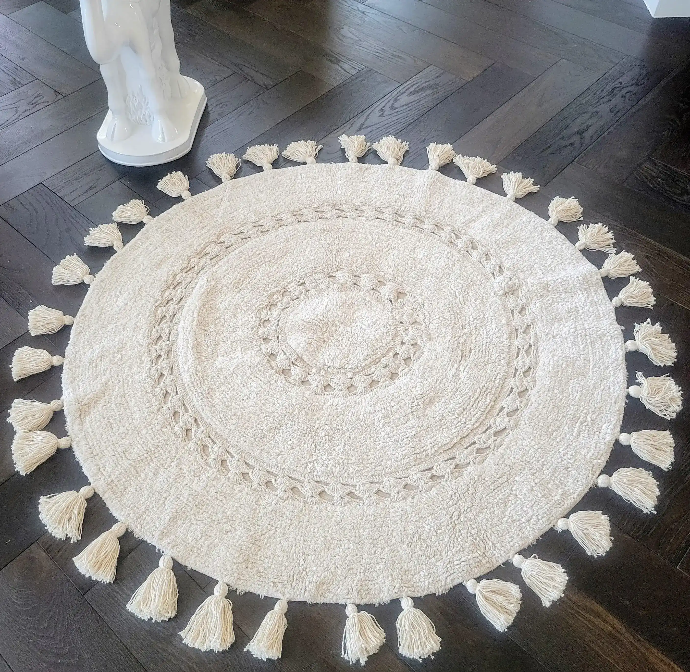 100% Non-Toxic Cotton Boho Round Crocheted Bath Rug with Tassels - Extra Large - Image 4