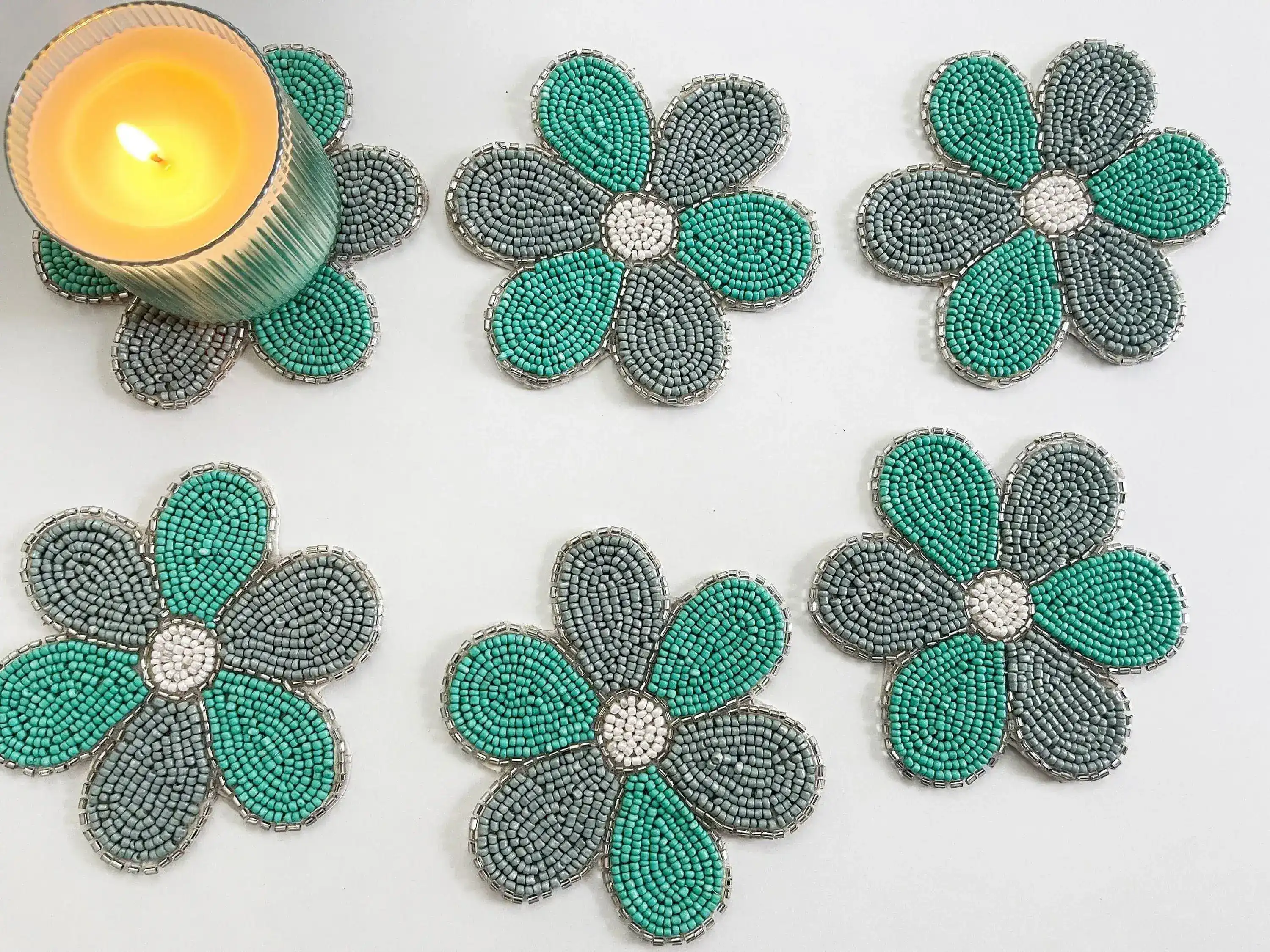 6 Petal Flower Shape Beaded Coaster Set of 6 - Turquoise - Image 2