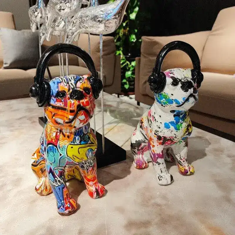 Abstract Painted Bulldog and Headphone Pop Sculpture - Image 2