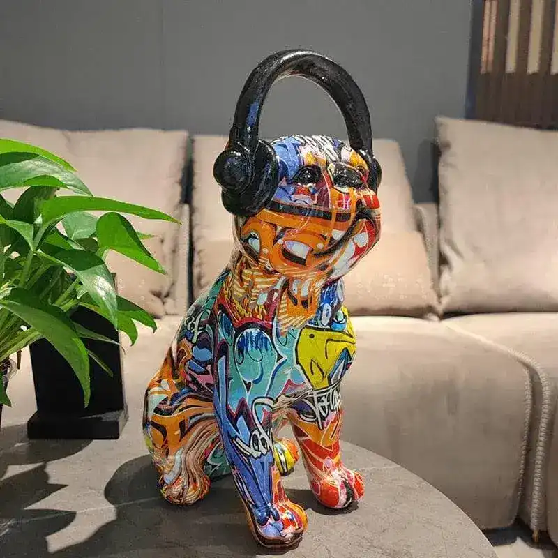Abstract Painted Bulldog and Headphone Pop Sculpture - Image 3
