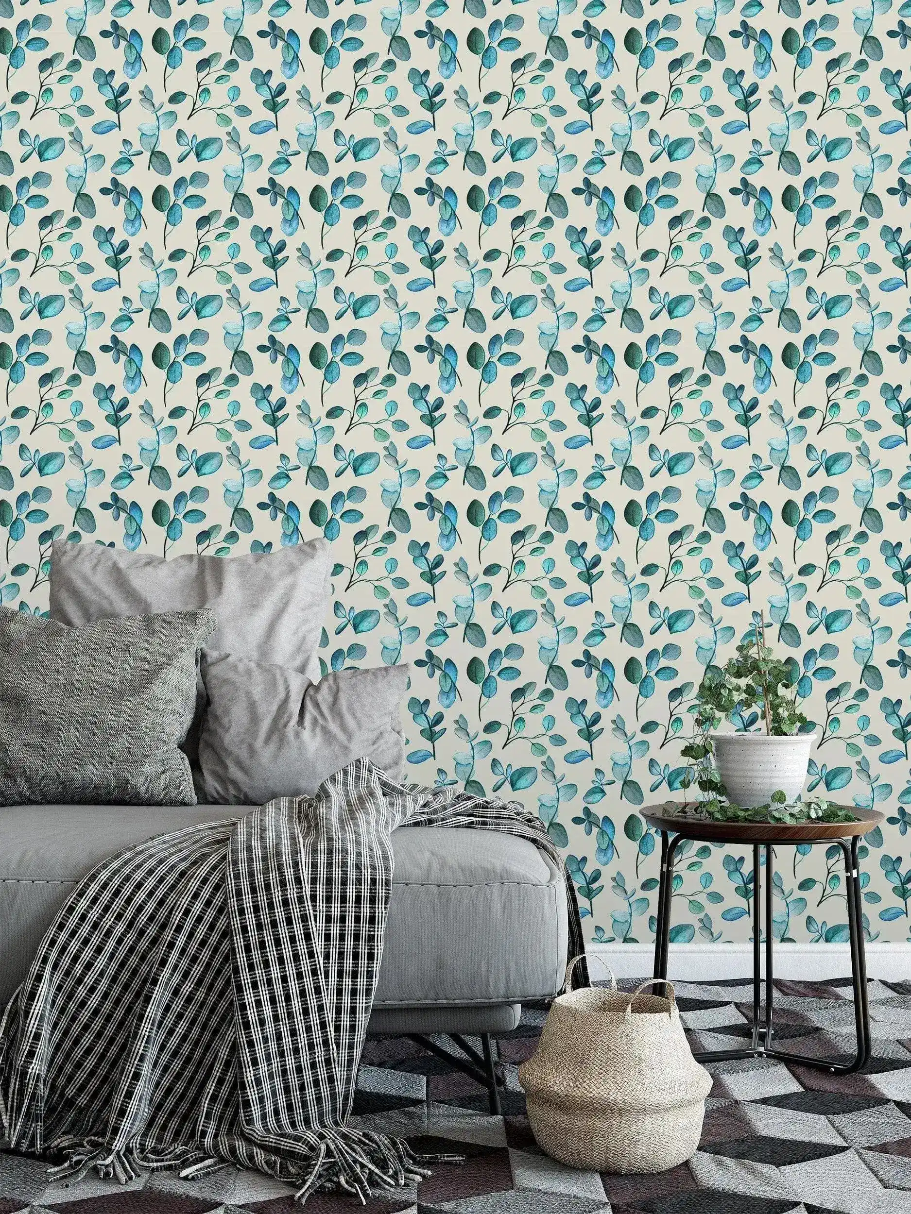 Aqua Blue Green Twigs Leaves Removable Wallpaper - Image 2