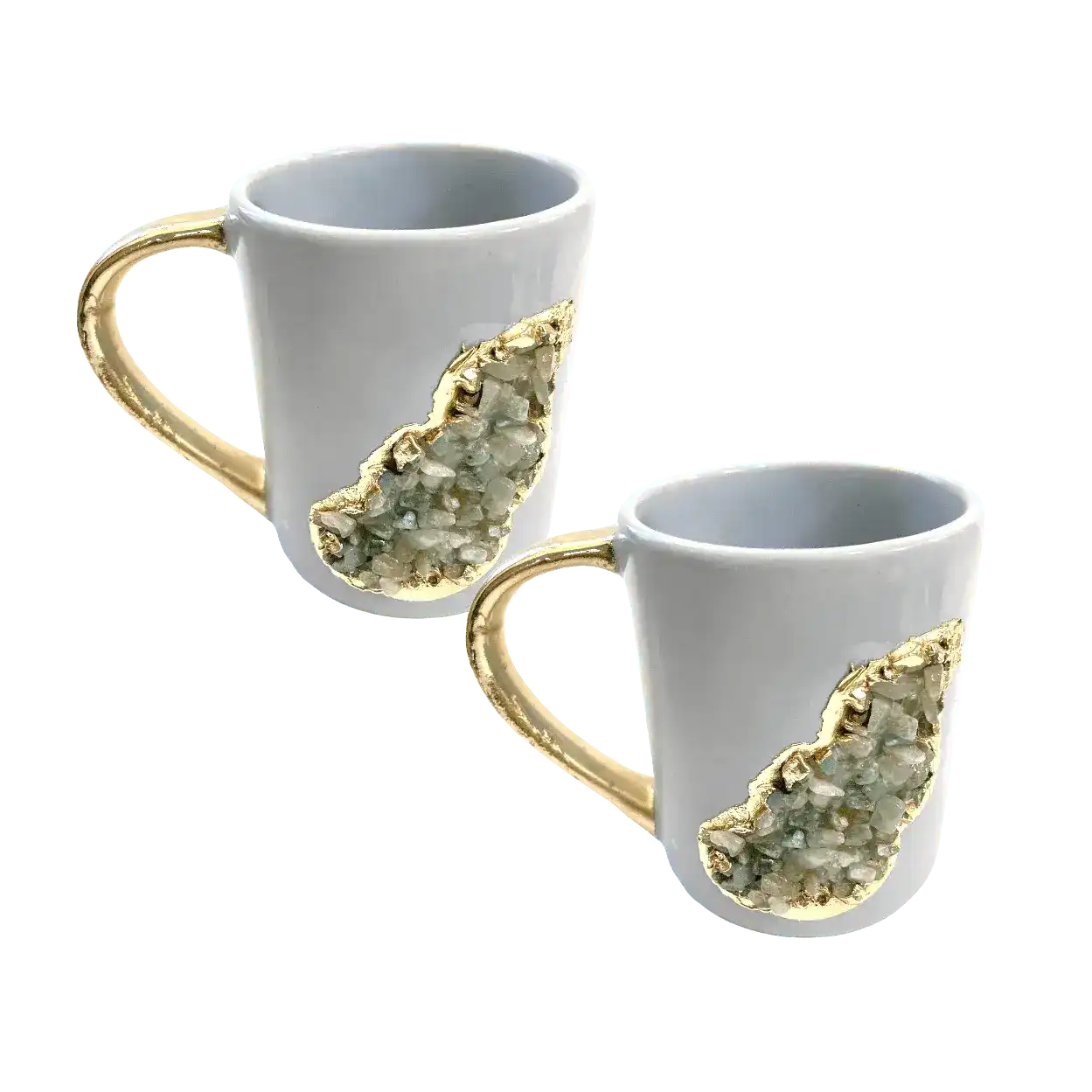 Aqua Quartz Marbled Gray Ceramic Coffee Mug with Gold Handle - Set of 2