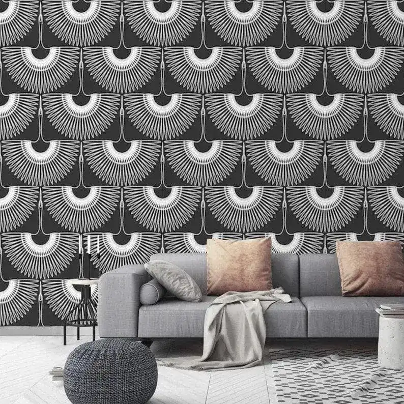 Art Deco Black and White Cranes Wallpaper - Image 6