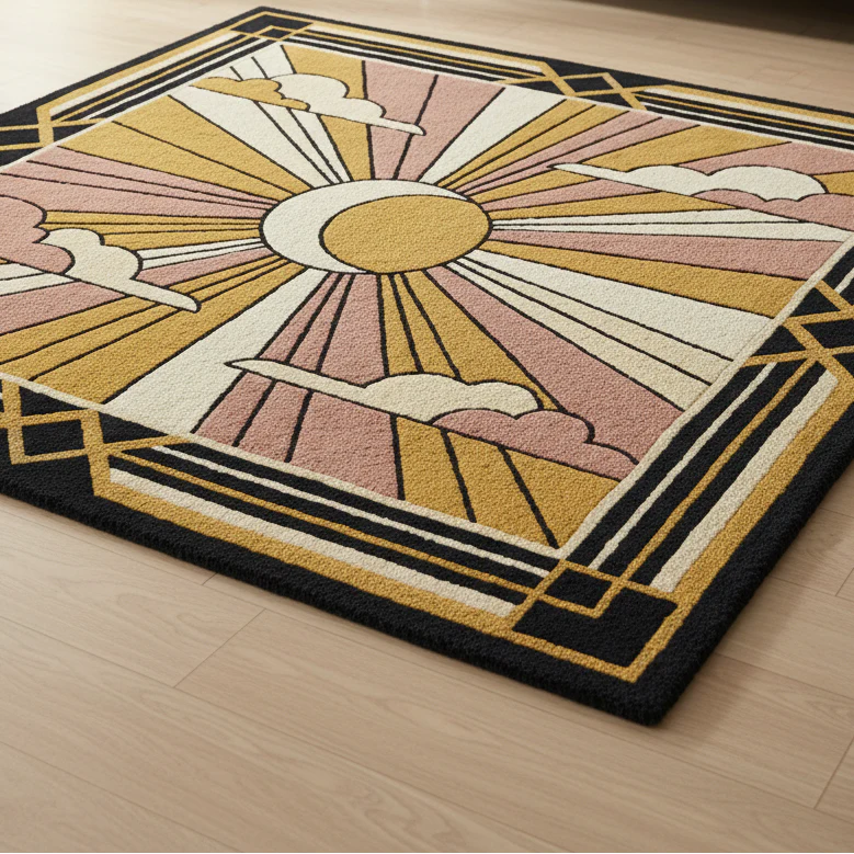Art Deco Sun and Moon Hand Tufted Square Wool Rug - Image 3