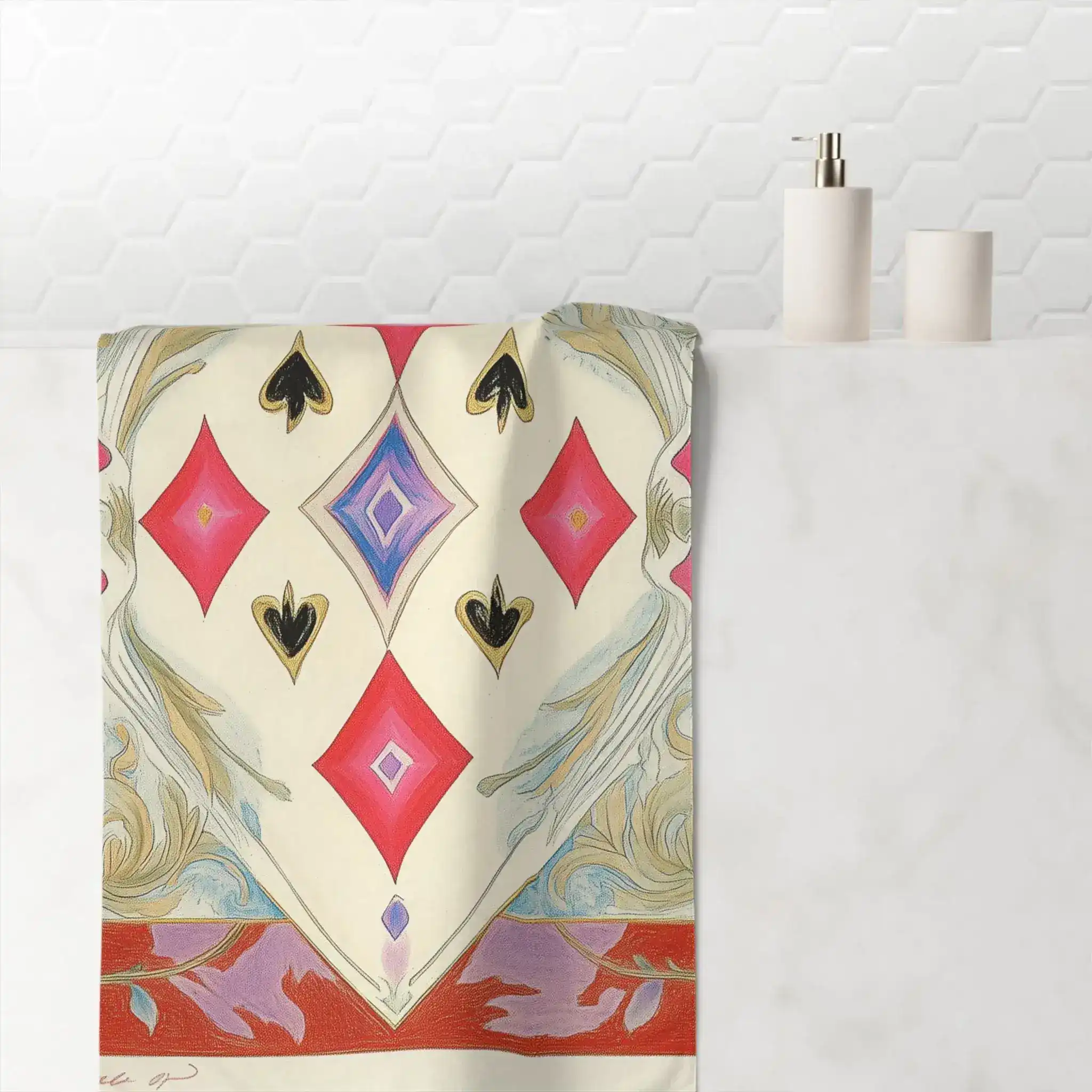 Artistic Geometric and Floral Diamond Bath Towel - Image 4