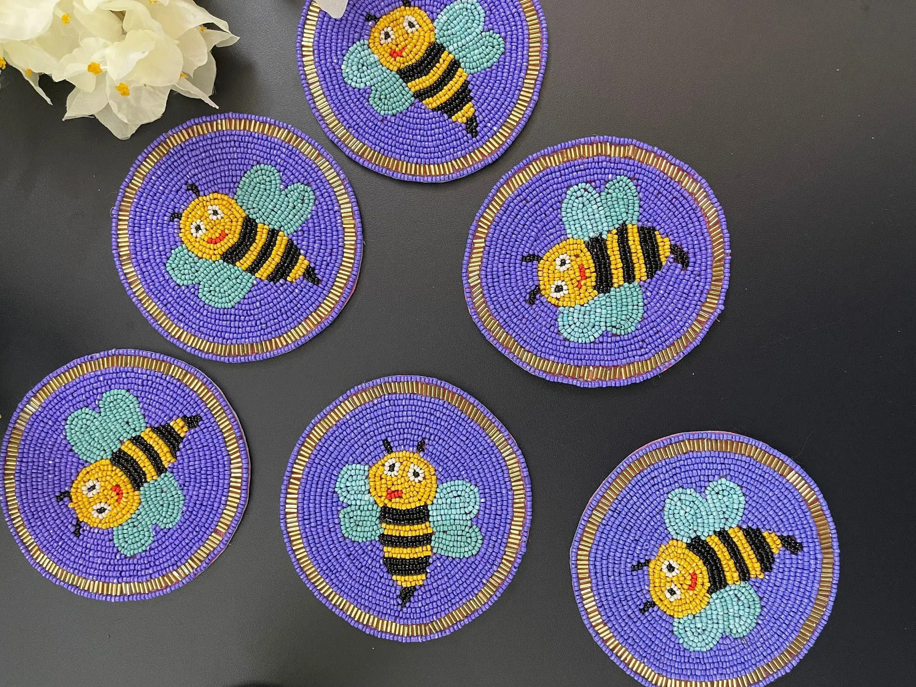 Bee Happy Beaded Round Coaster Set