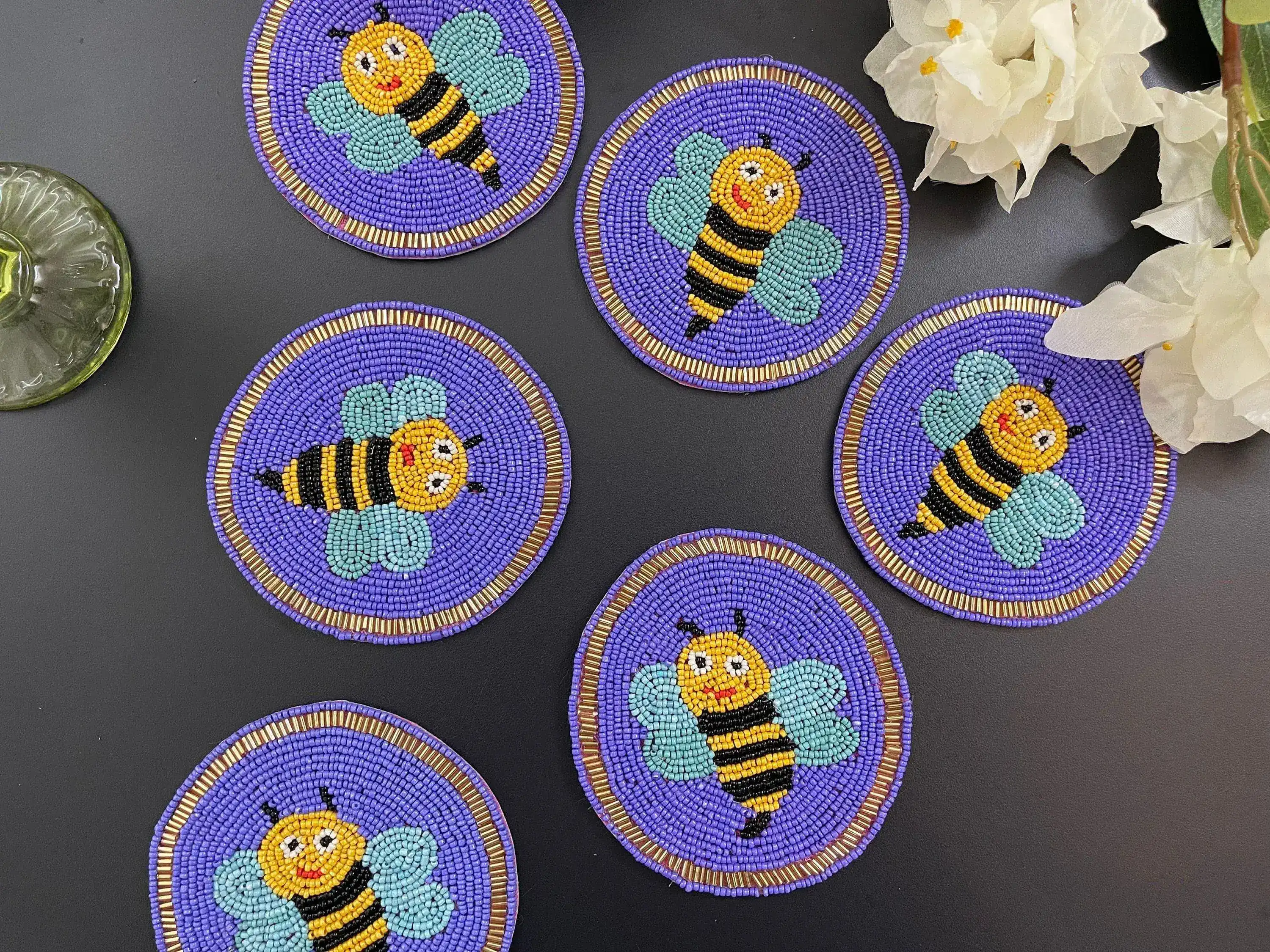 Bee Happy Beaded Round Coaster Set - Image 3