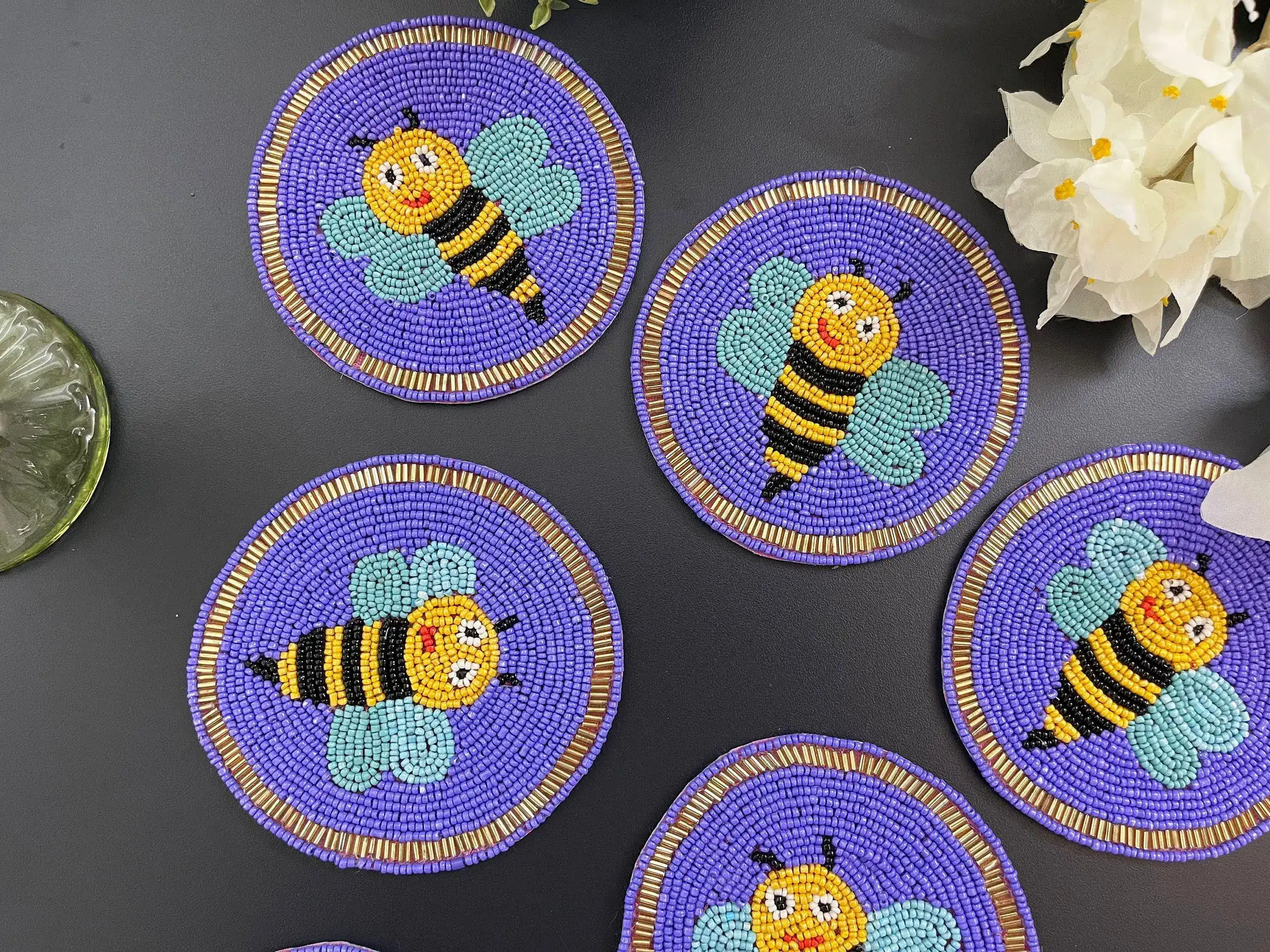 Bee Happy Beaded Round Coaster Set - Image 4