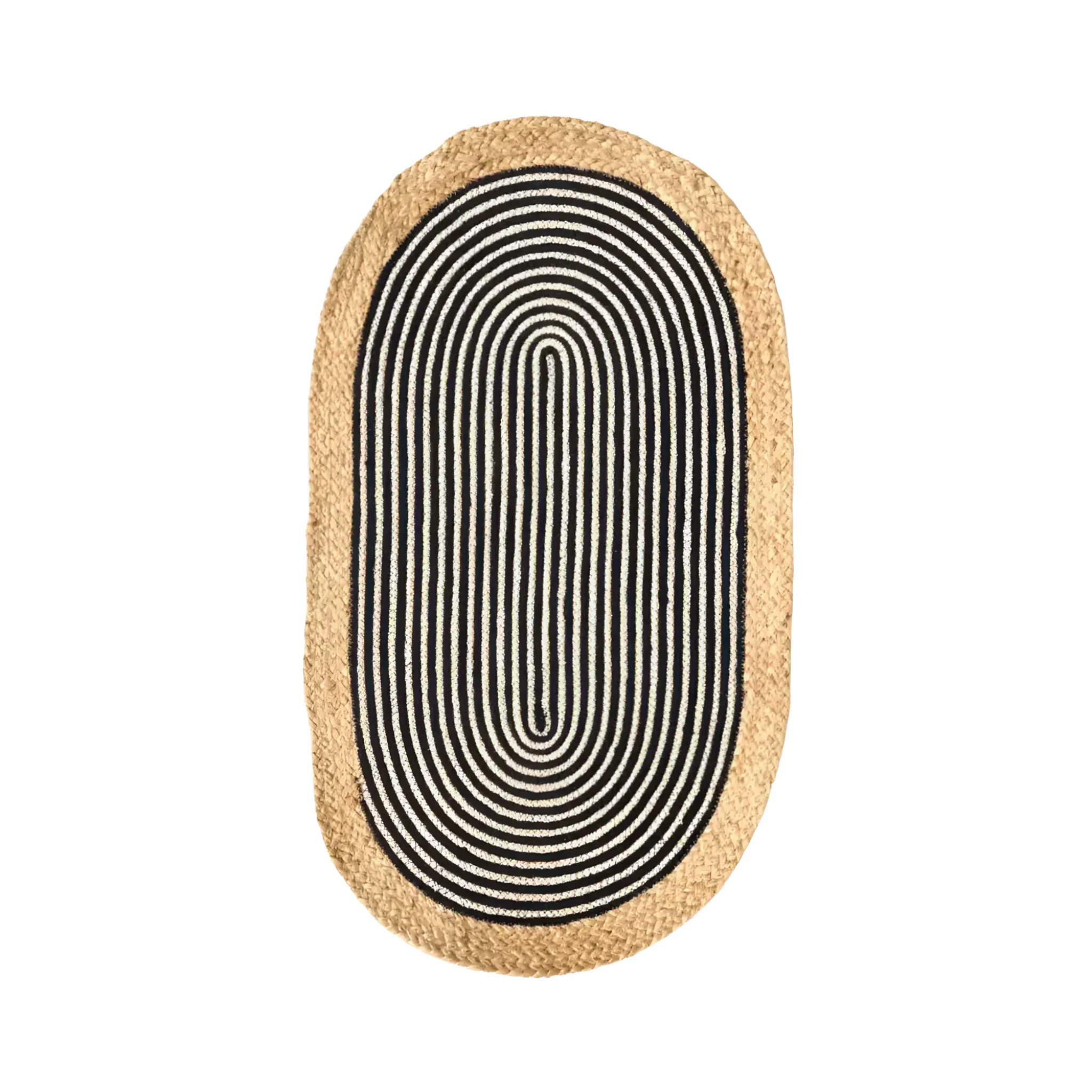 Beige and Black Oval Jute Rug