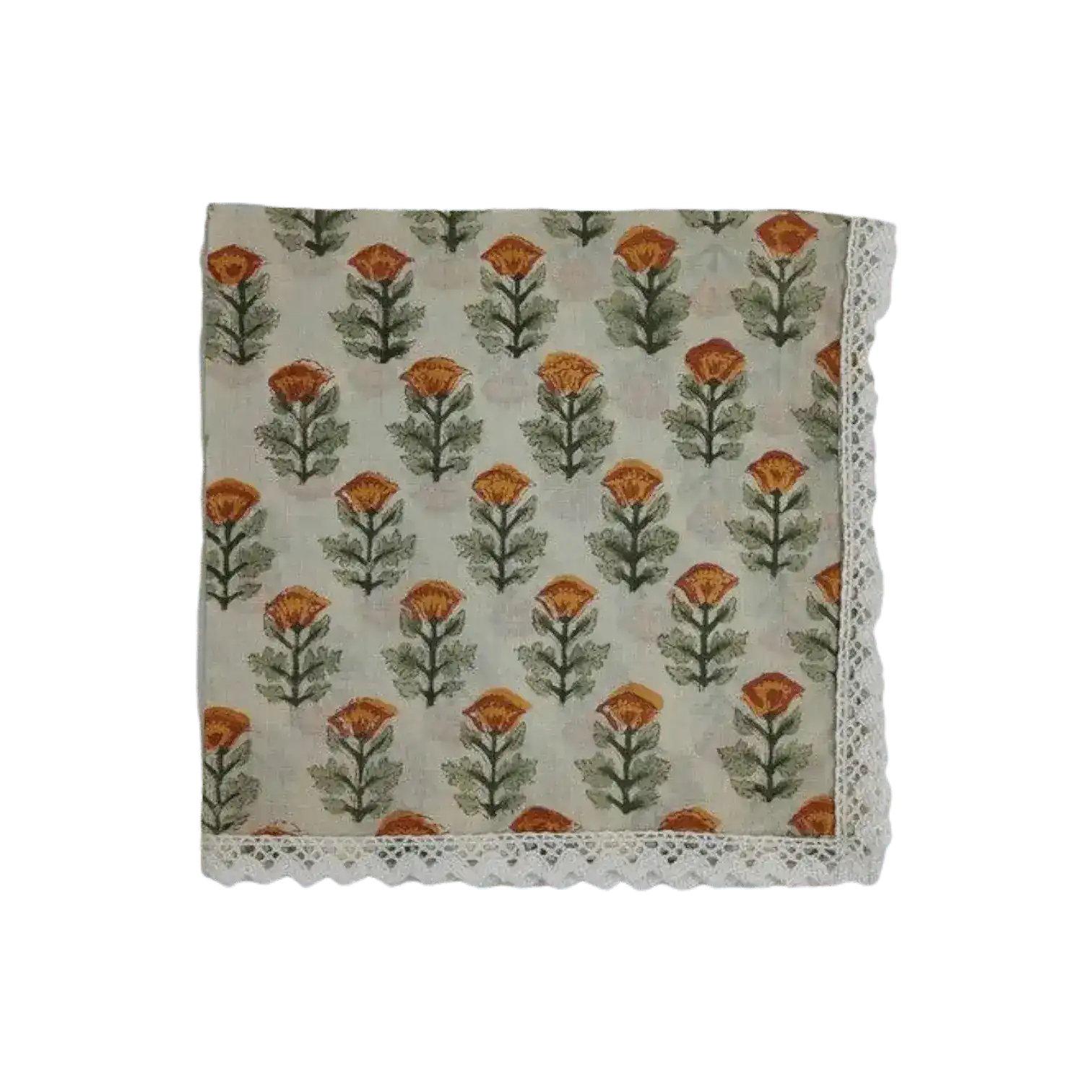 Beige Spring Floral Hand Block Printed Cotton Napkins - Image 2