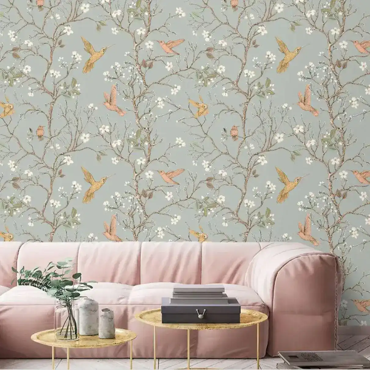 Birds and Tree Gray Traditional Chinoiserie Wallpaper Mural - Image 2