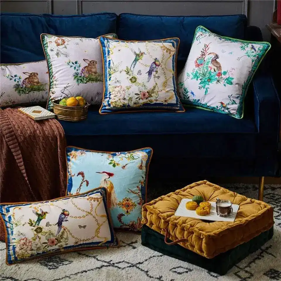Birds of Floral Paradise Printed Velvet Cushion Cover - Image 2