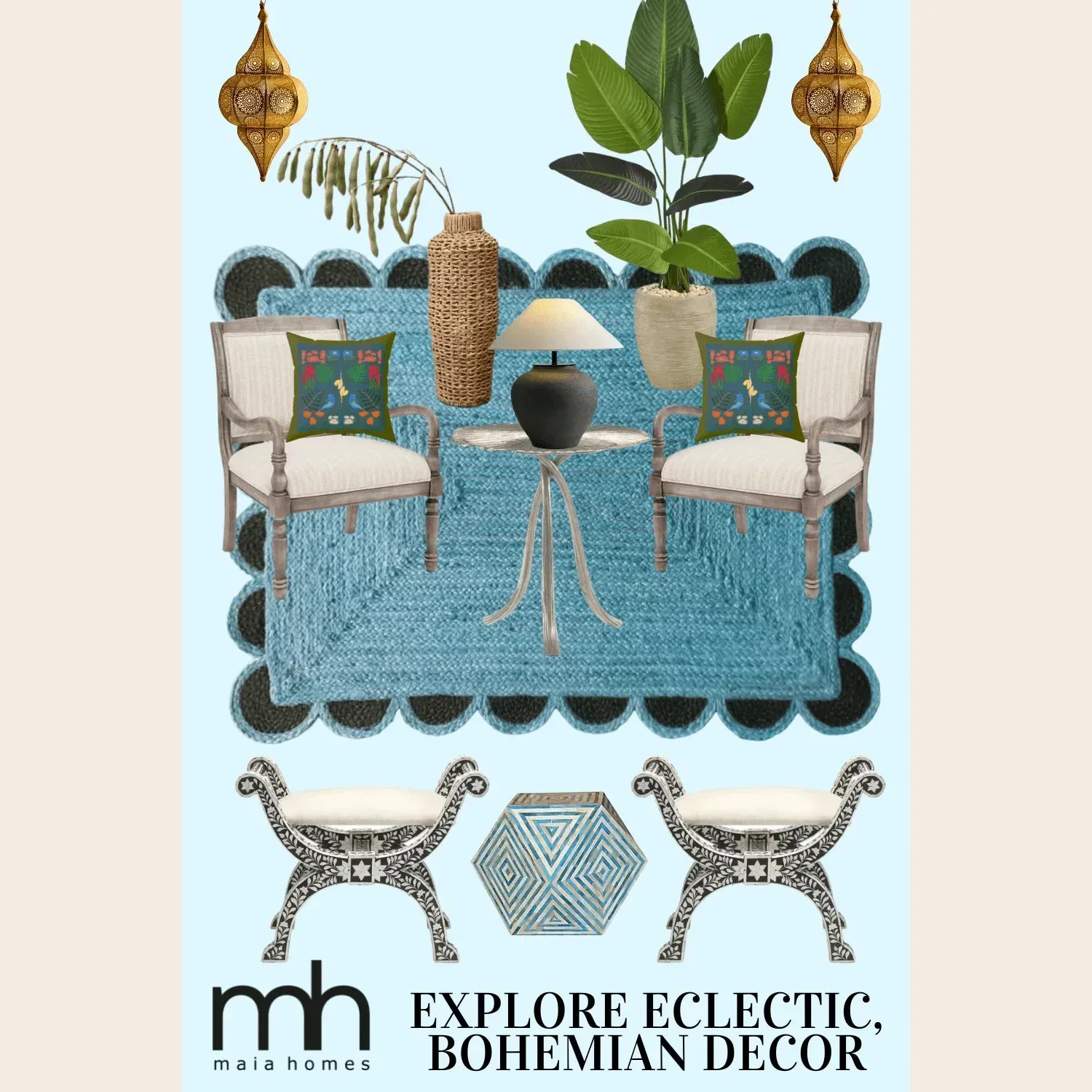 Black and Blue Scallop Jute Rug - Image 2