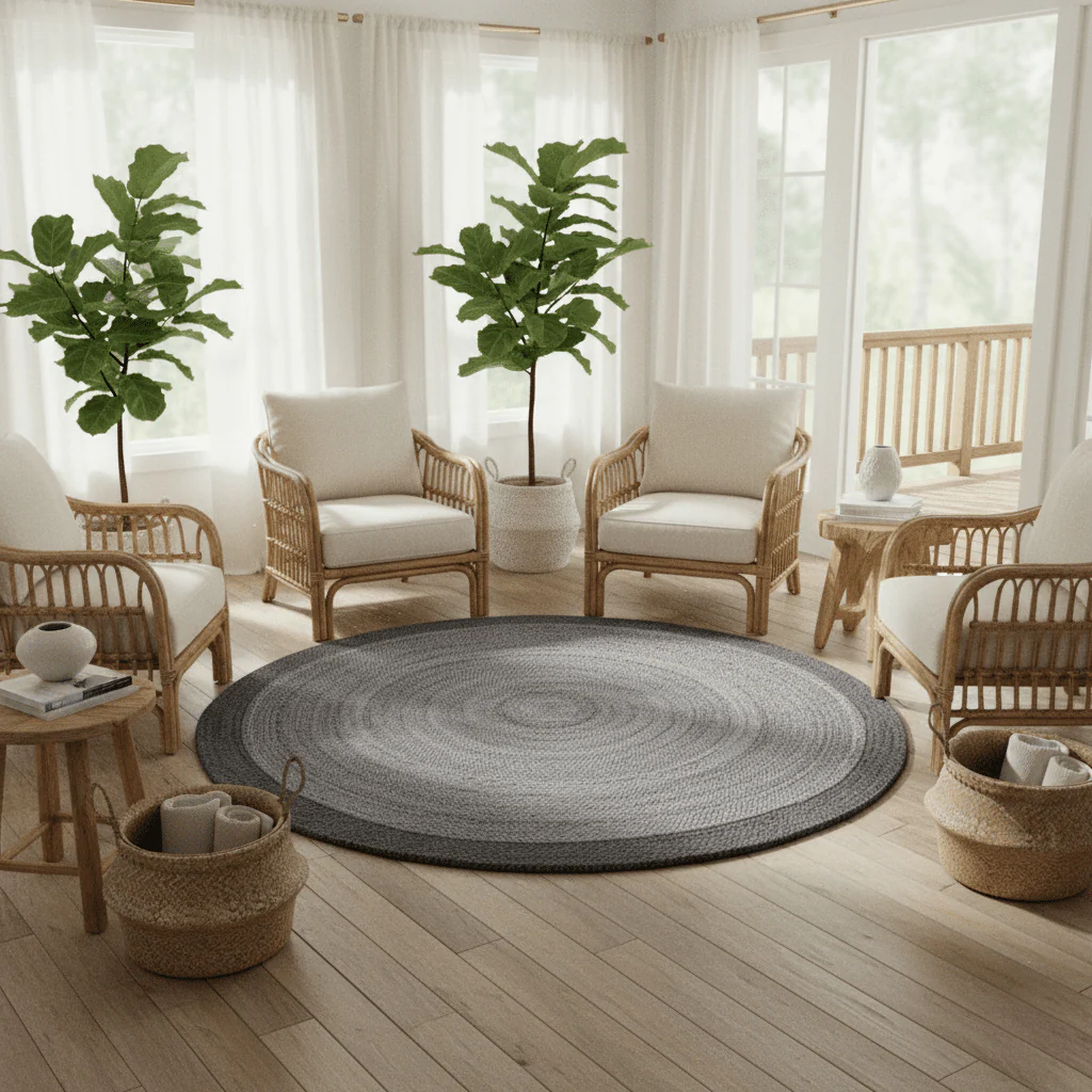 Black and Gray Round Jute Rug - Image 2
