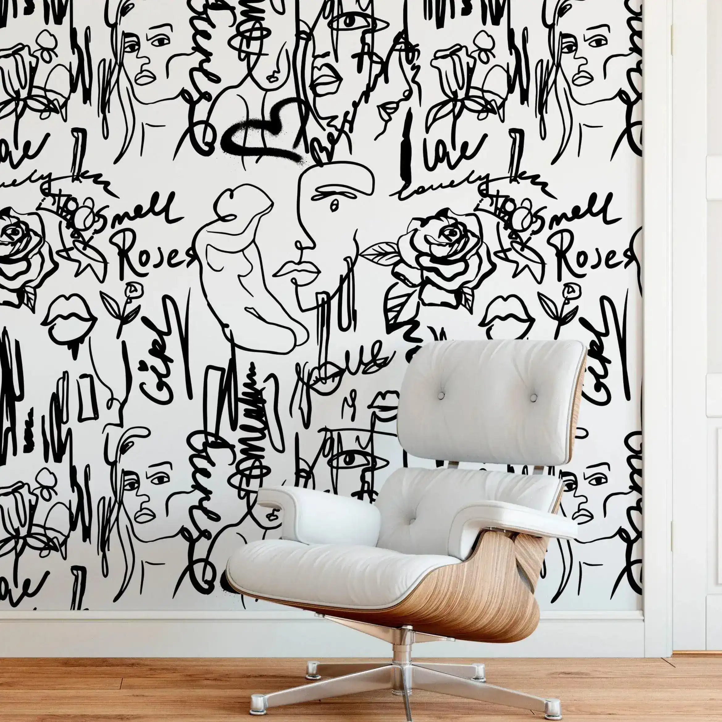 Black and White Abstract Female Line Art Self Adhesive Wallpaper - Image 2
