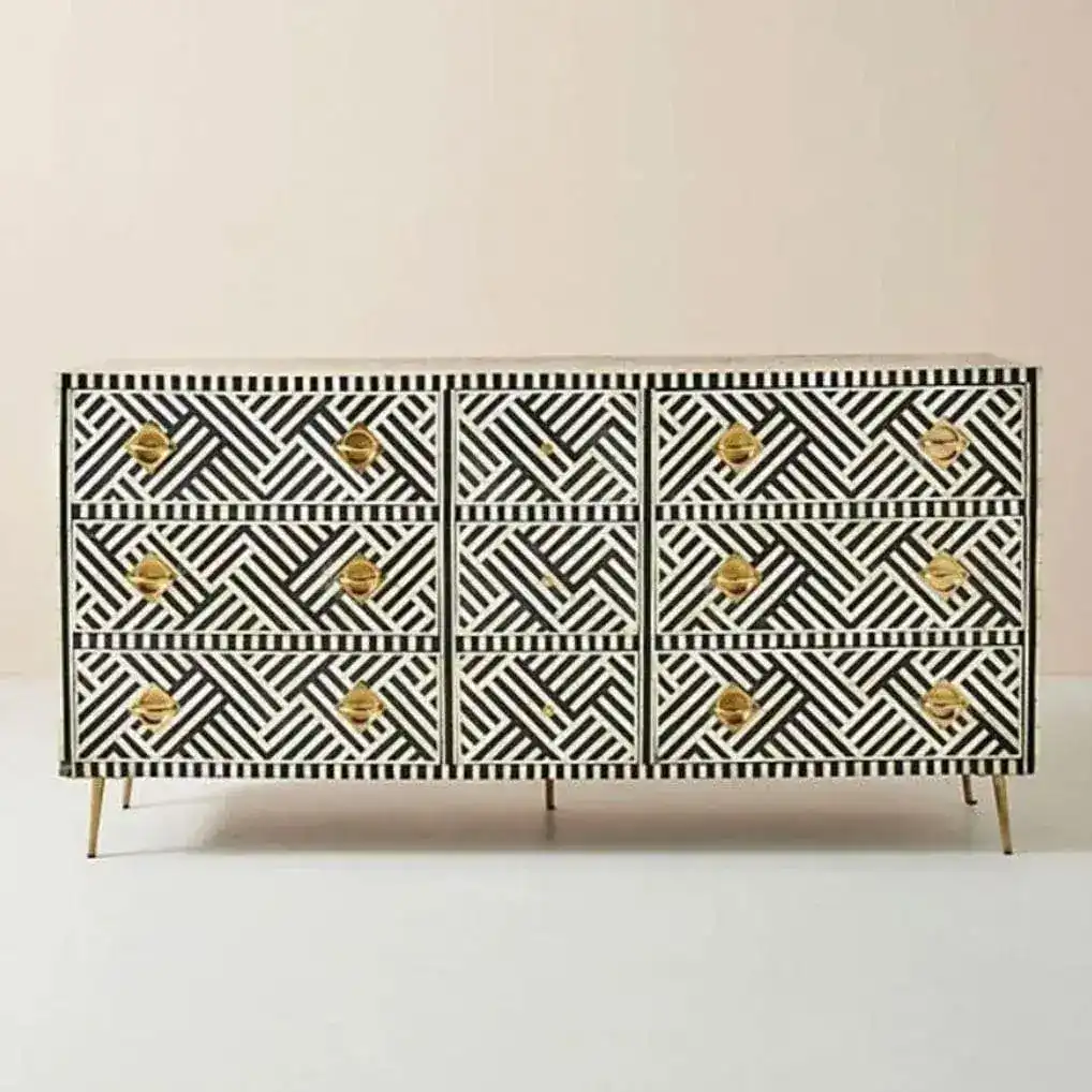 Black and White Chevron Bone Inlay 9 Drawer Sideboard - Image 3