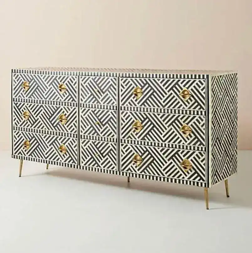Black and White Chevron Bone Inlay 9 Drawer Sideboard - Image 4