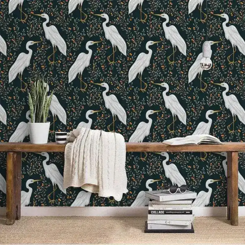 Black and White Crane Chinoiserie Wallpaper - Image 4