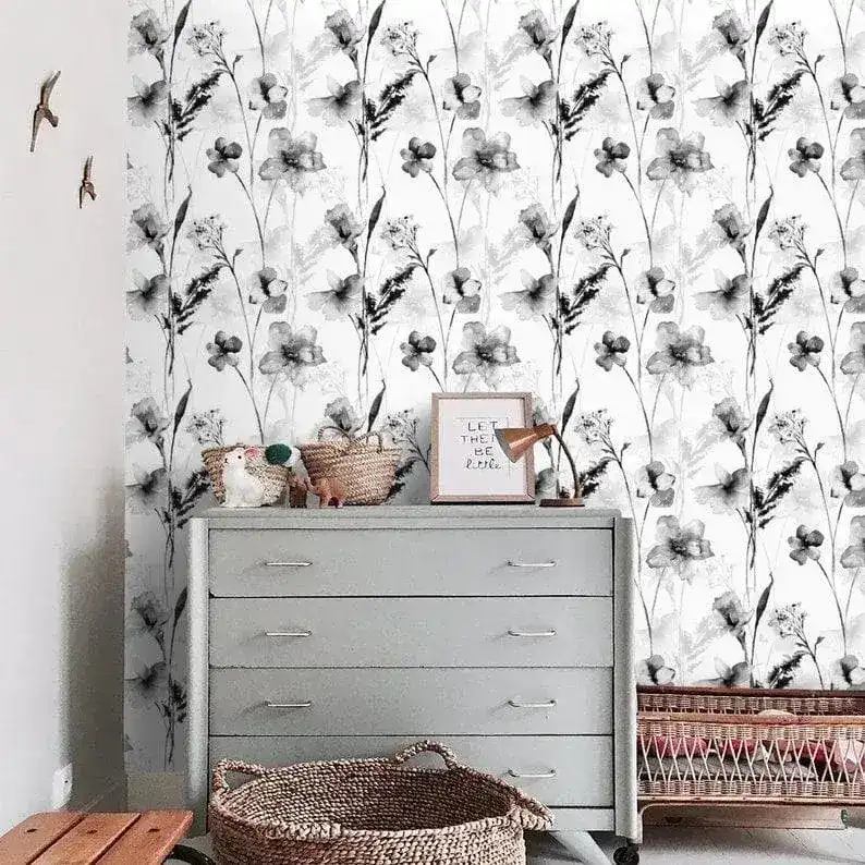 Black and White Delicate Floral Watercolor Wallpaper - Image 4