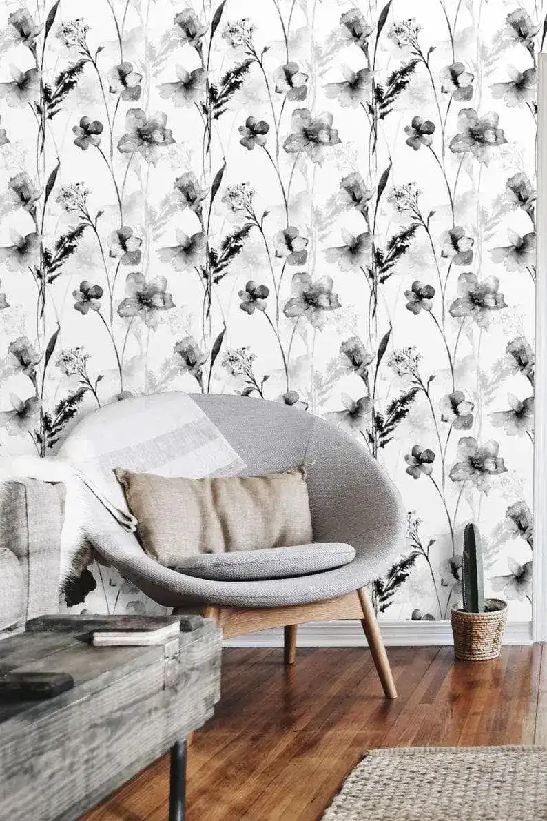 Black and White Delicate Floral Watercolor Wallpaper - Image 5