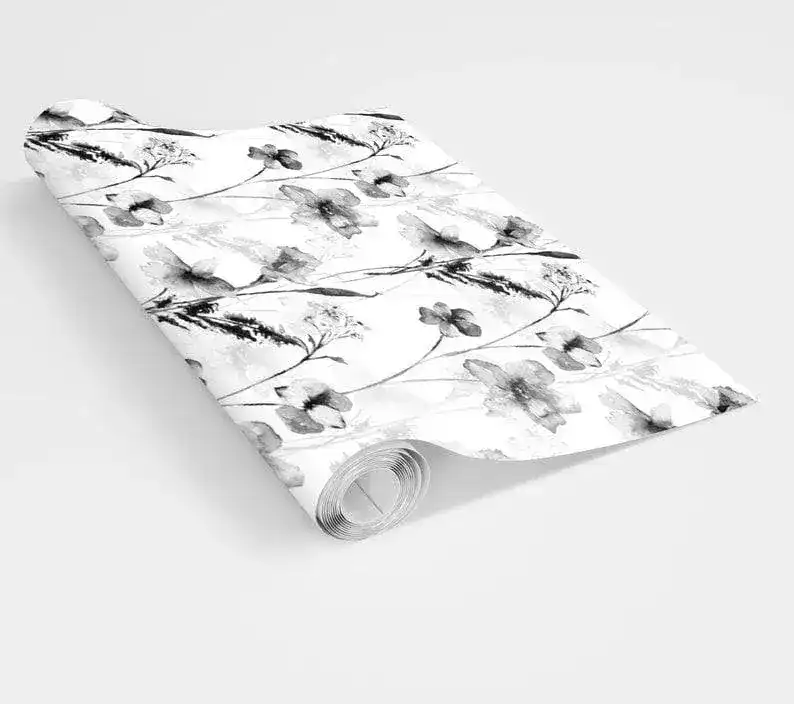 Black and White Delicate Floral Watercolor Wallpaper - Image 6