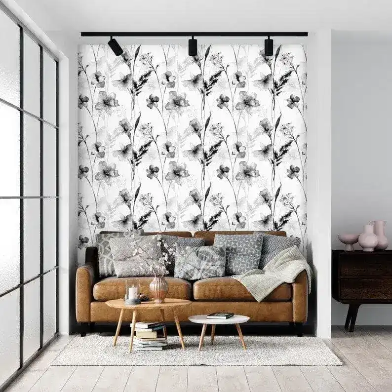 Black and White Delicate Floral Watercolor Wallpaper - Image 7