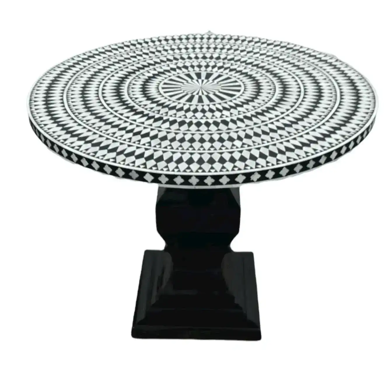 Black and White Diamonds Hand Crafted Bone Inlay Round Dining Table - Image 3