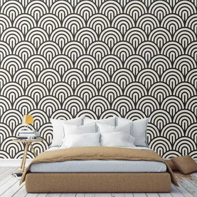 Black and White Geometric Fish Scale Art Deco Wallpaper - Image 3
