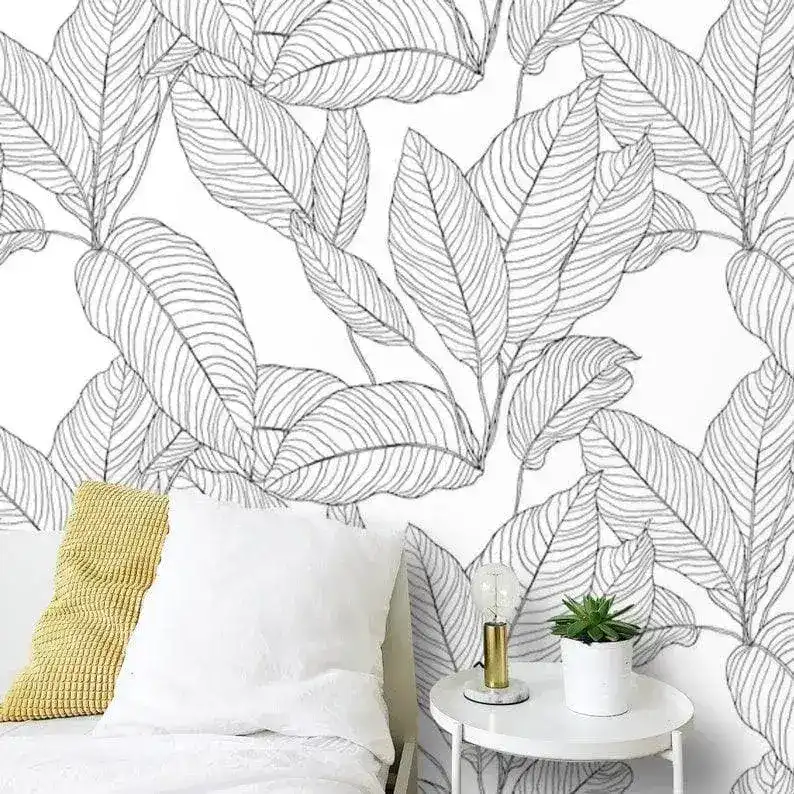 Black and White Minimalist Linear Leaves Wallpaper - Image 8
