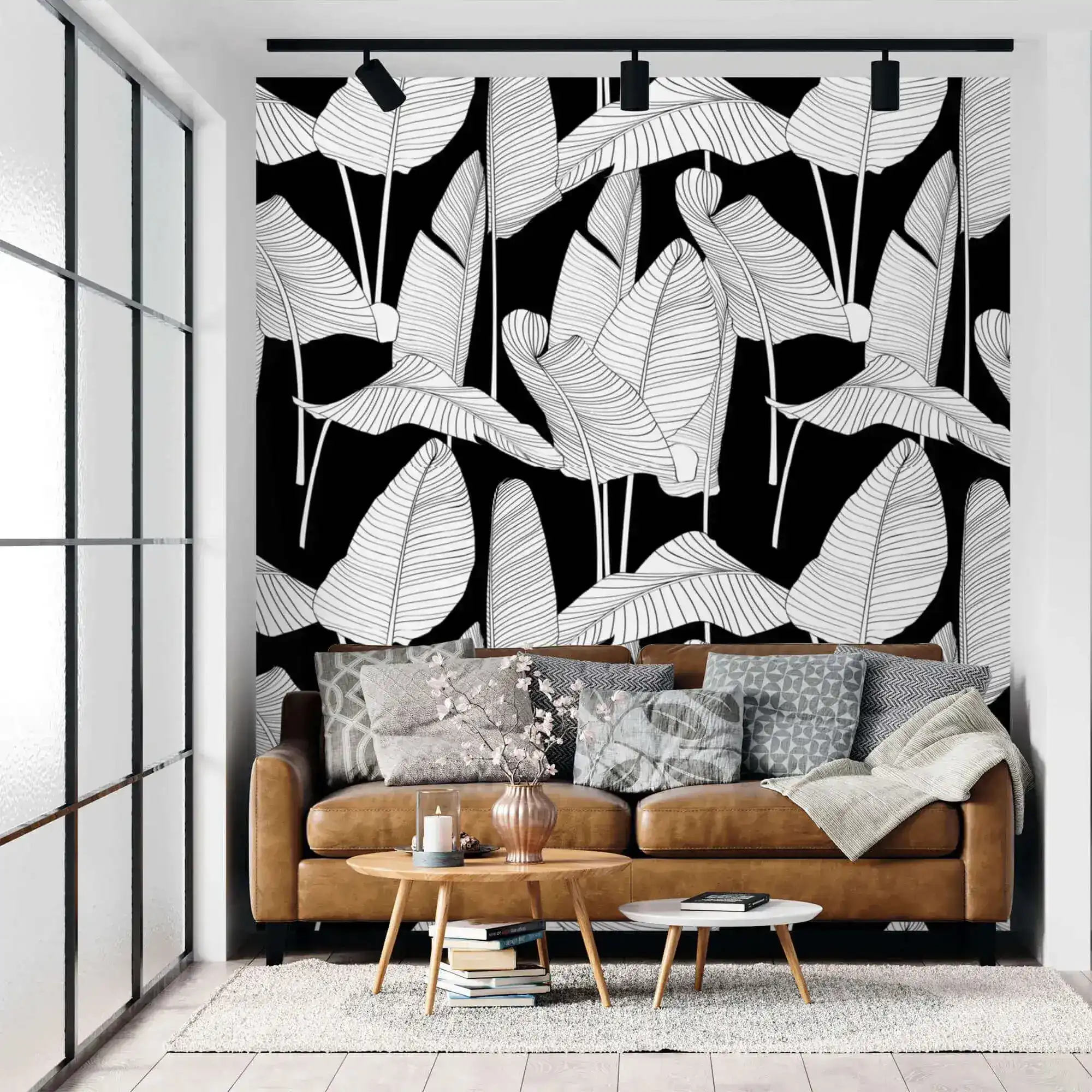 Black and White Oversized Banana Leaf Wallpaper - Image 3