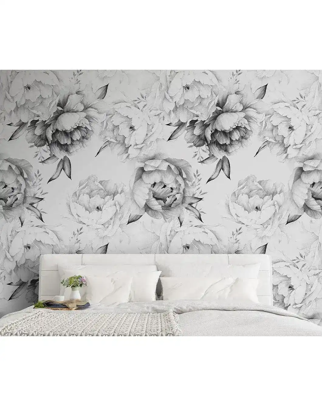 Black and White Peonies Watercolor Large Flowers Wall Mural - Image 5