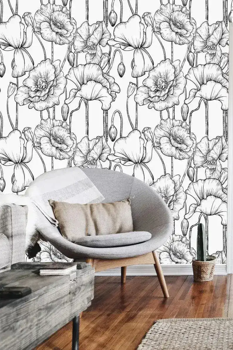 Black and White Poppy Floral Wallpaper - Image 2