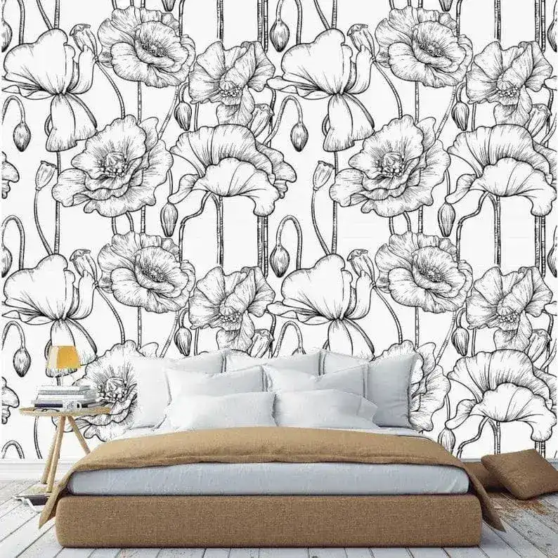 Black and White Poppy Floral Wallpaper - Image 7
