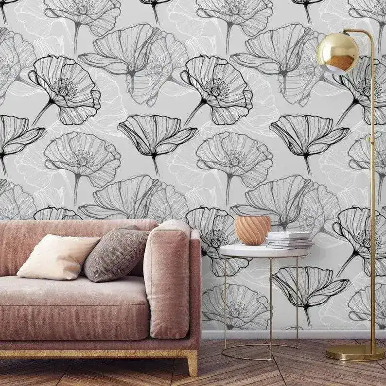 Black and White Poppy Floral Wallpaper - Image 8