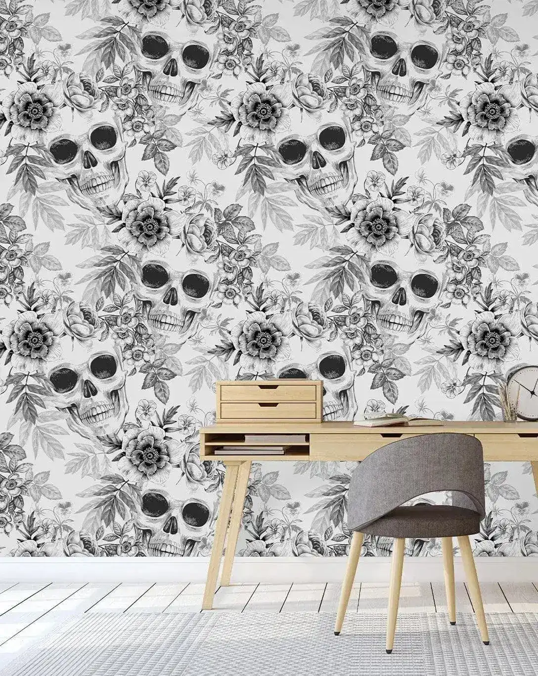 Black and White Skulls Flowers Self Adhesive Wallpaper - Image 6