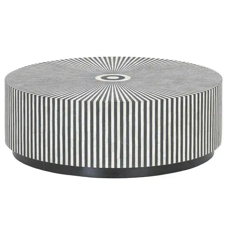 Black and White Stripe Bone Inlay Round Coffee Table