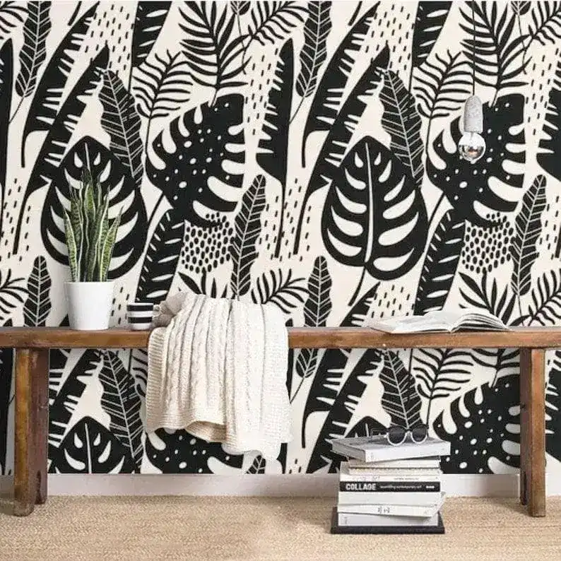 Black Illustrated Monstera Botanical Wallpaper - Image 3