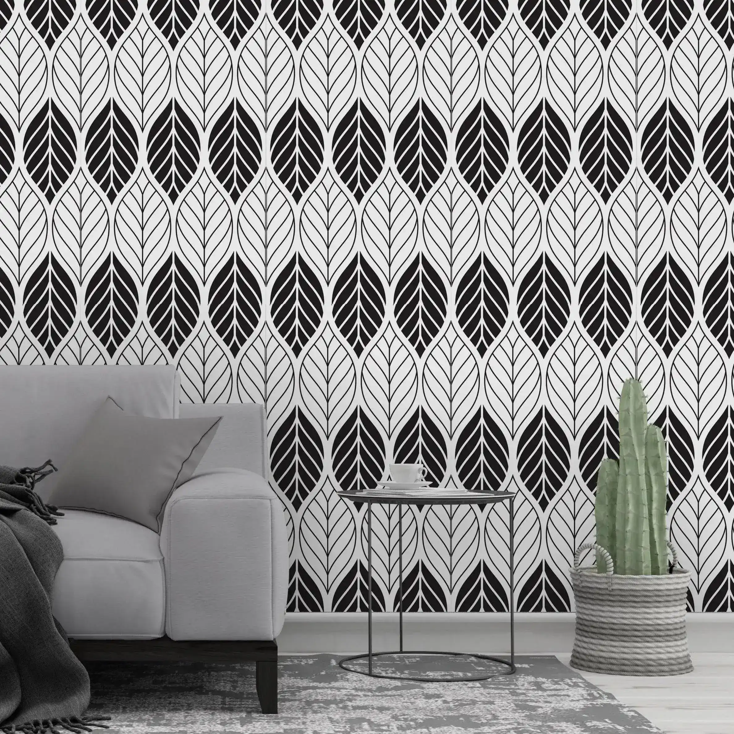 Black White Floral Geometric Leaves Removable Wallpaper - Image 6
