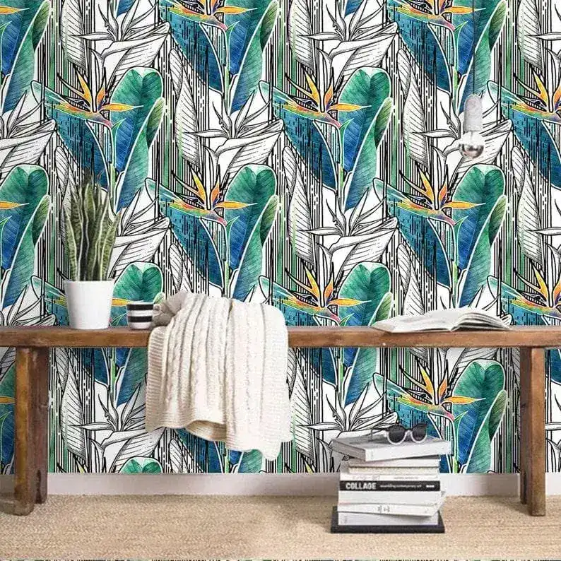 Blue and Green Tropical Banana Leaves and Flowers Wallpaper - Image 4