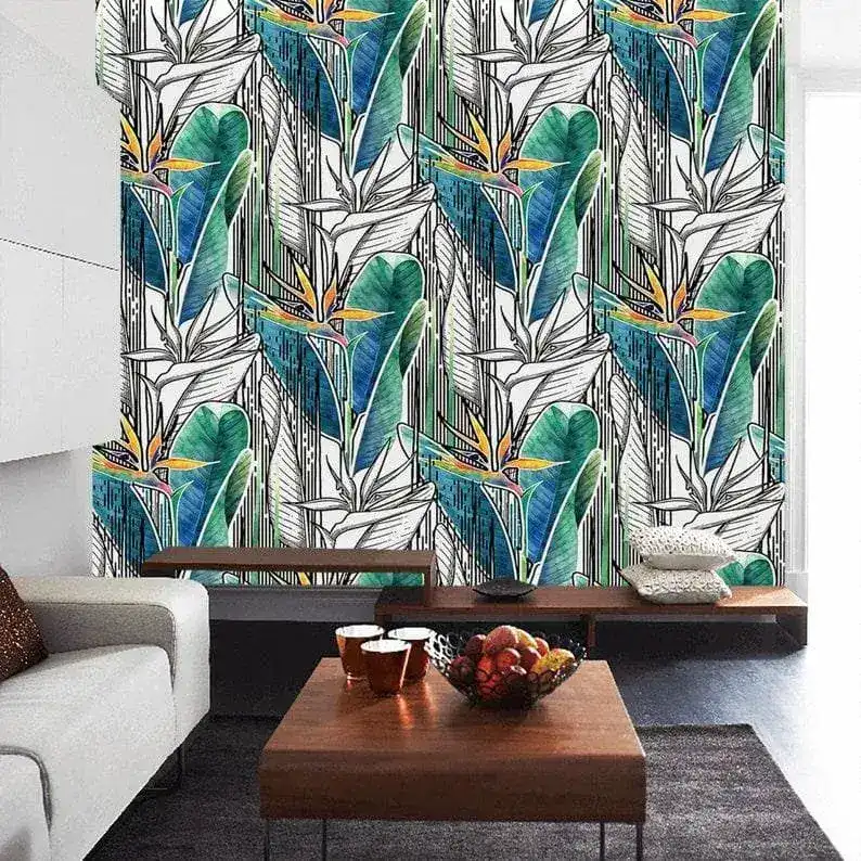 Blue and Green Tropical Banana Leaves and Flowers Wallpaper - Image 5