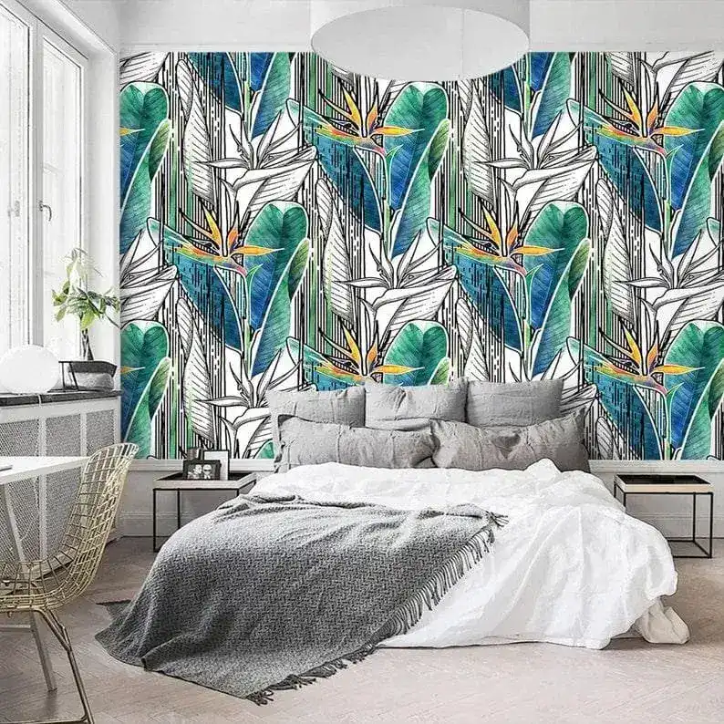 Blue and Green Tropical Banana Leaves and Flowers Wallpaper - Image 6