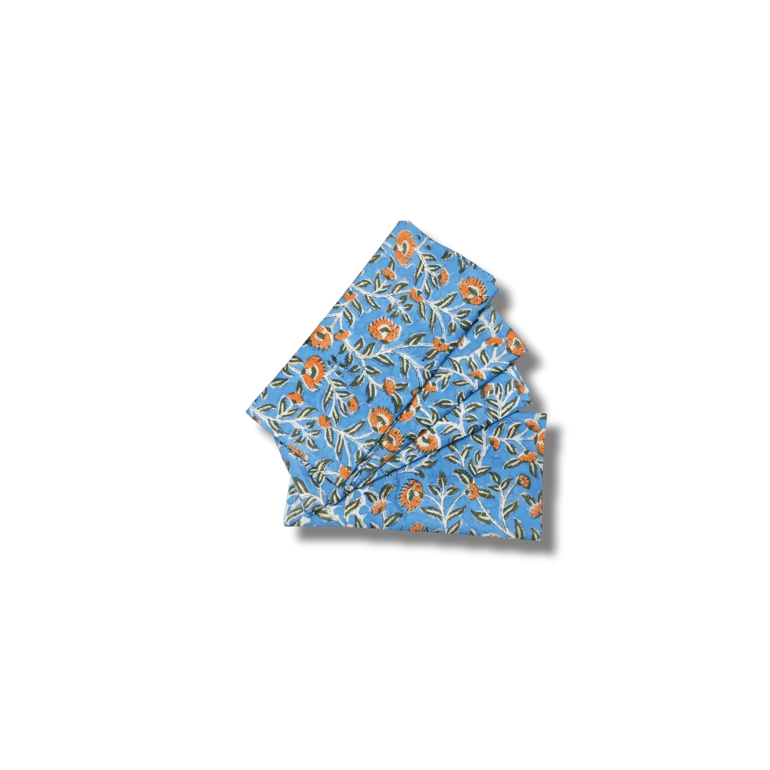 Blue and Orange Floral Block Printed Cotton Napkins - Image 2
