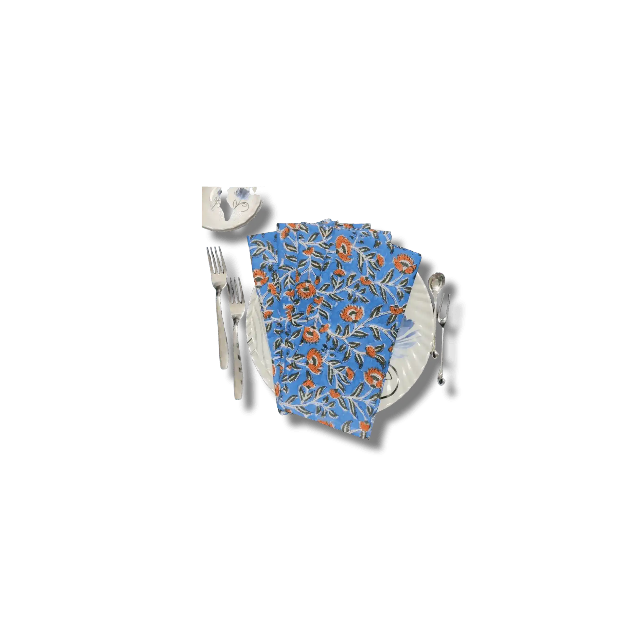 Blue and Orange Floral Block Printed Cotton Napkins - Image 3