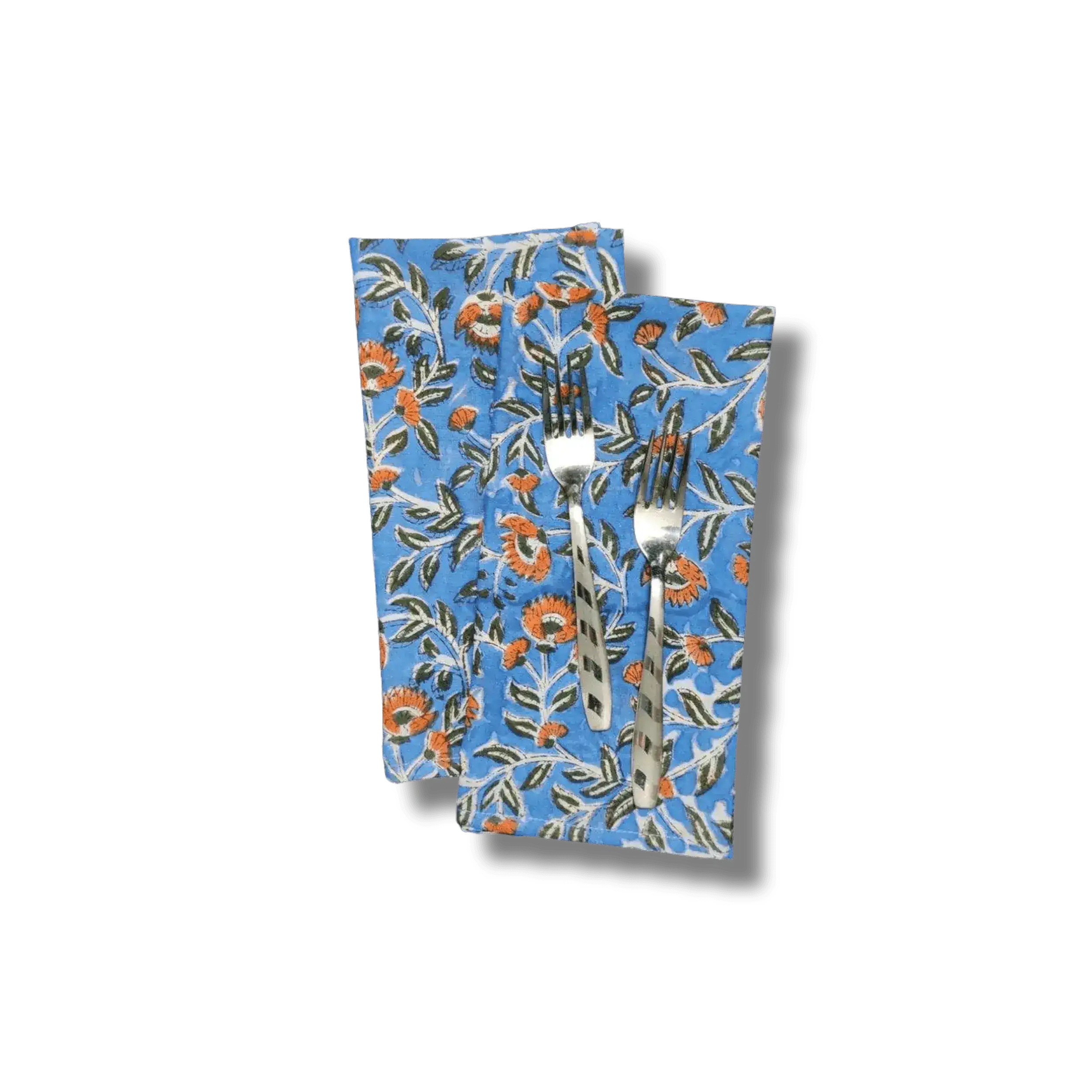 Blue and Orange Floral Block Printed Cotton Napkins - Image 5