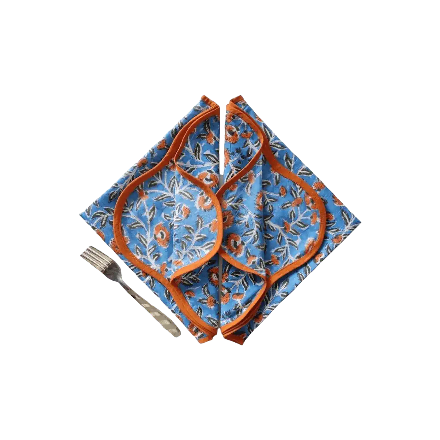 Blue and Orange Floral Block Printed Scalloped Cotton Napkins - Image 3