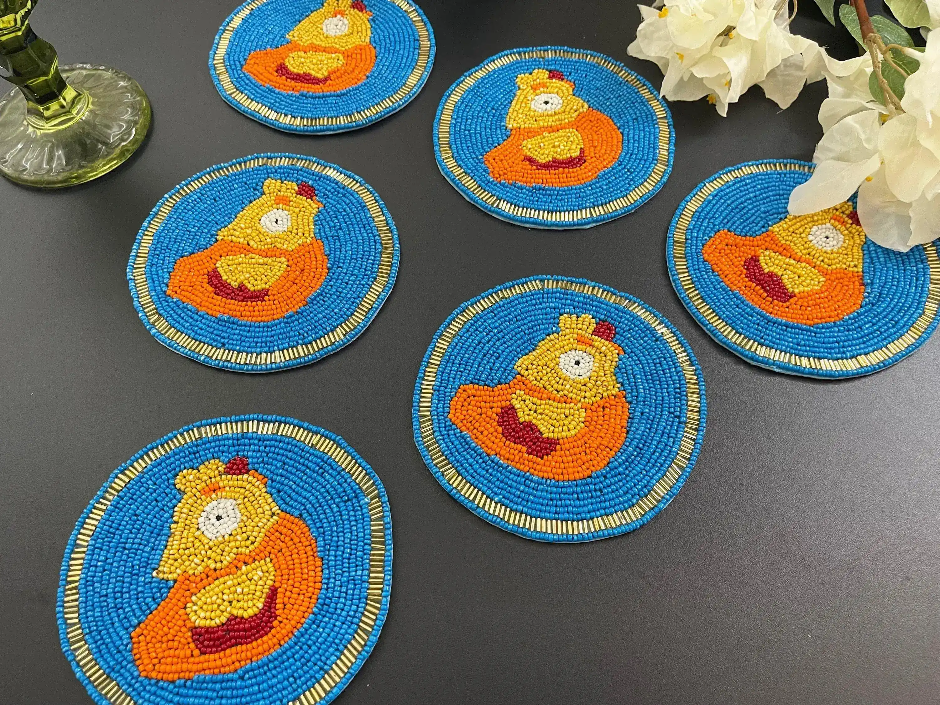 Blue and Orange Hen Round Beaded Coasters - Image 4