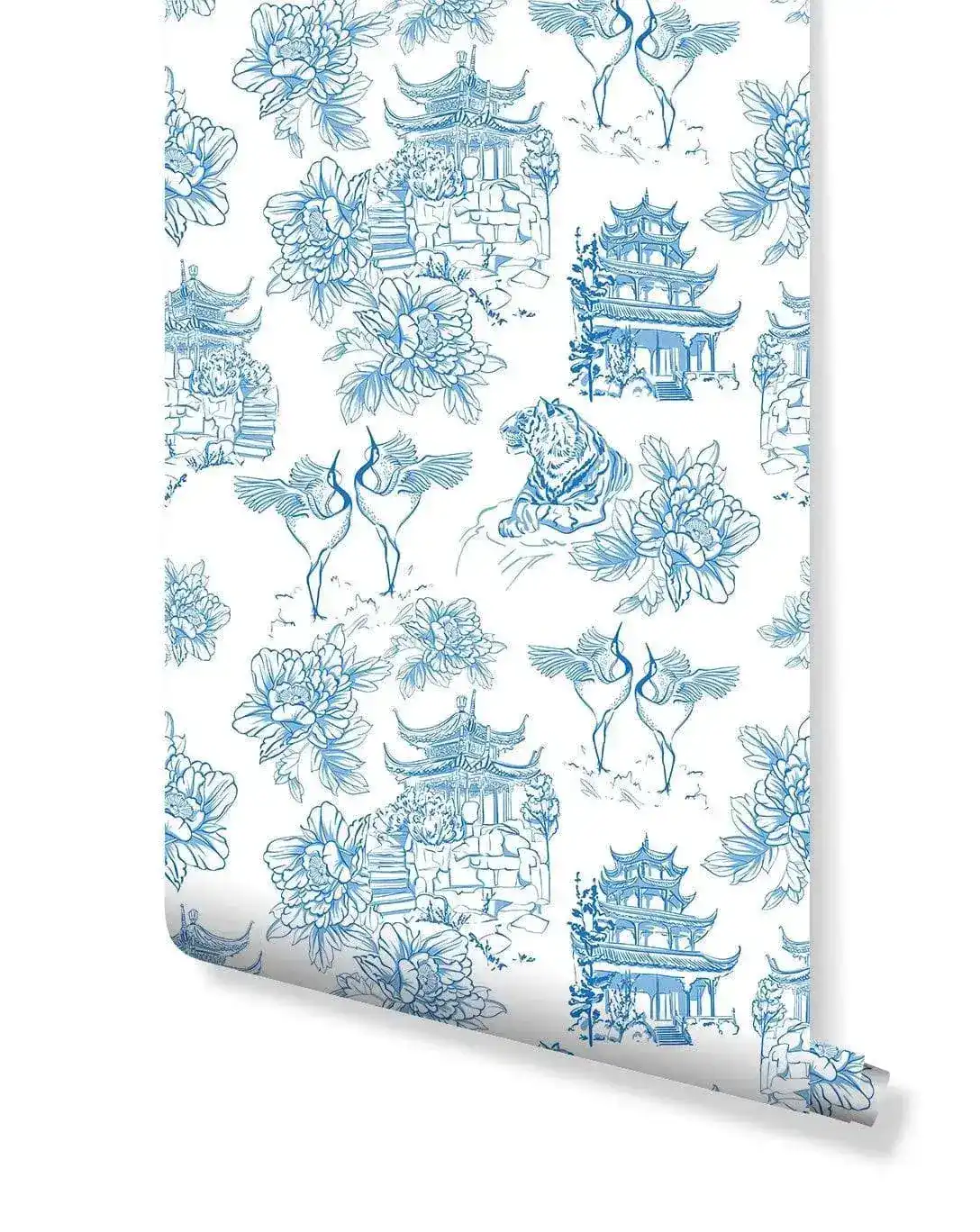 Blue and White Chinoiserie Tiger Pagoda Wallpaper - Image 2