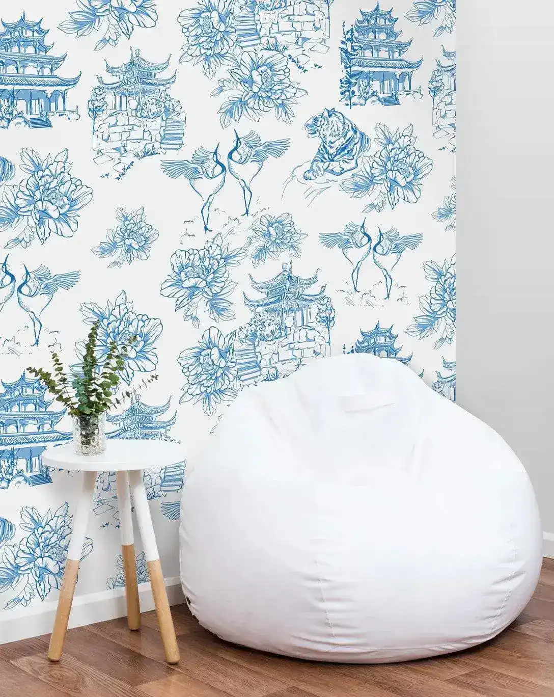 Blue and White Chinoiserie Tiger Pagoda Wallpaper - Image 5