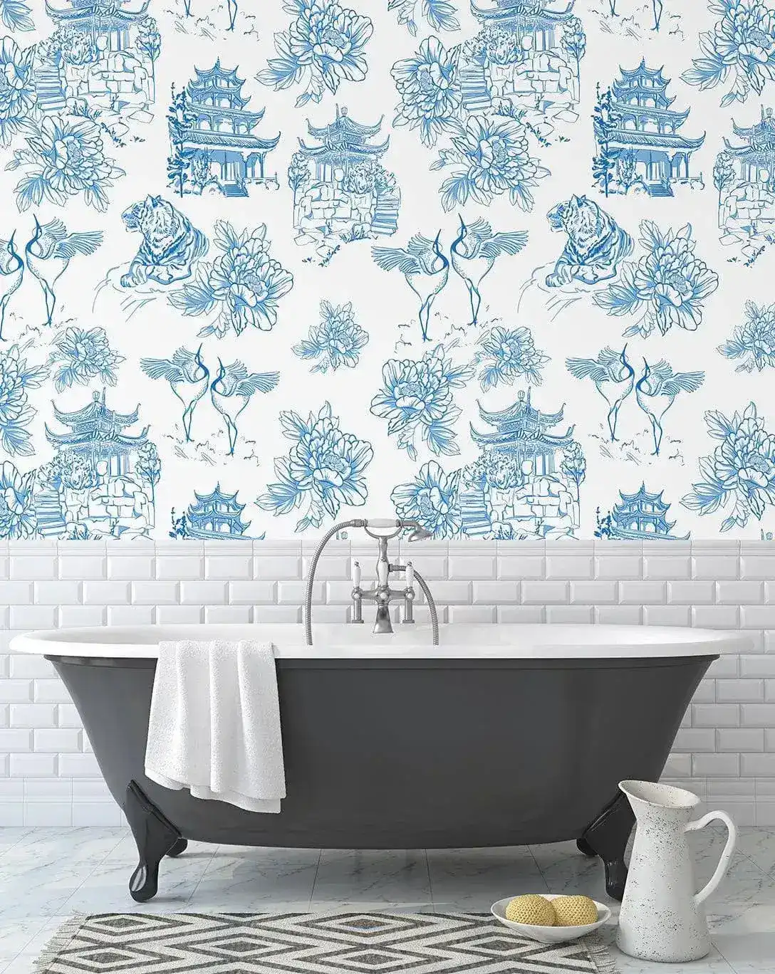 Blue and White Chinoiserie Tiger Pagoda Wallpaper - Image 6