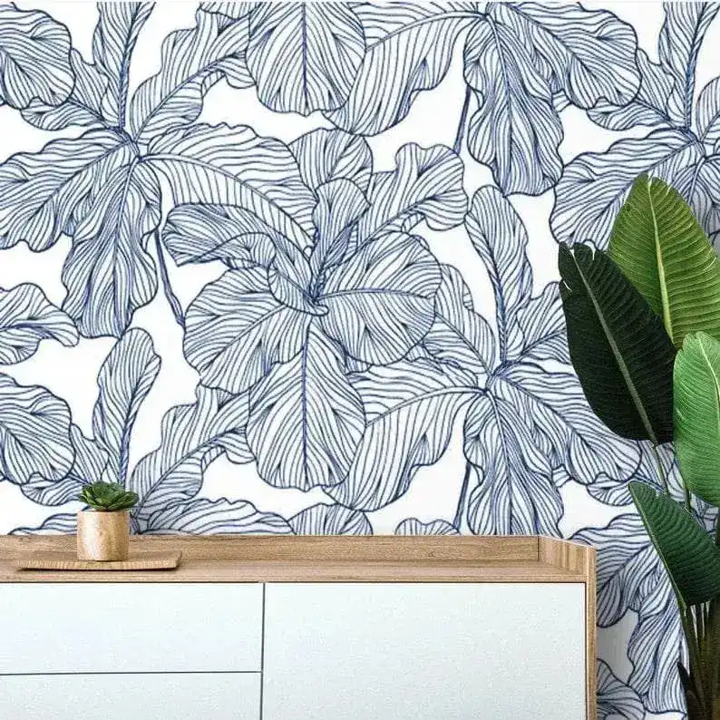 Blue and White Oversized Exotic Leaves Wallpaper - Image 4